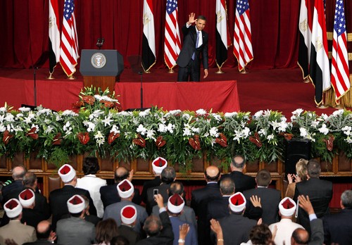 Obama's infamous speech in Cairo in 2009, with Muslim Brotherhood members in the front row